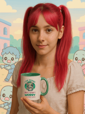 Mädchen mit Rosa Haaren hat eine Tasse von Creepy Wonderland in der Hand - Die Aufschrift der Tasse I eat brains but do not worry you are Safe - In der Mitte ist ein Kawaii zombibär abgebildet